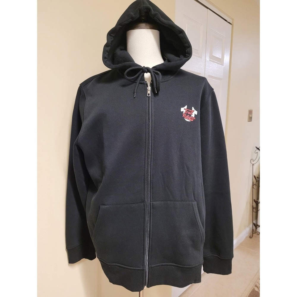 True Religion Script Oval Zip Fleece Hoodie Mens Black Graphic Buddha Size XXL‎